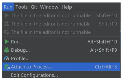 Figure 3.4 Attach to Process on the Run dropdown menu in IntelliJ