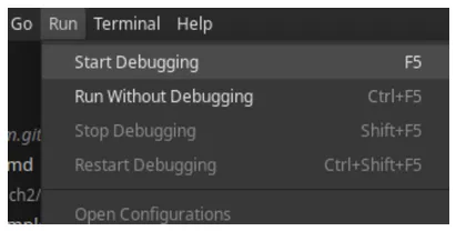 Figure 3.3 The Start Debugging option in VS Code Run menu